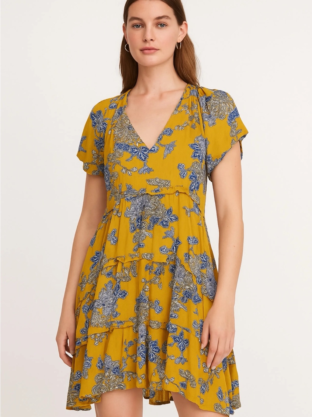 Anthropologie Mustard Yellow Floral V-Neck Mini Dress